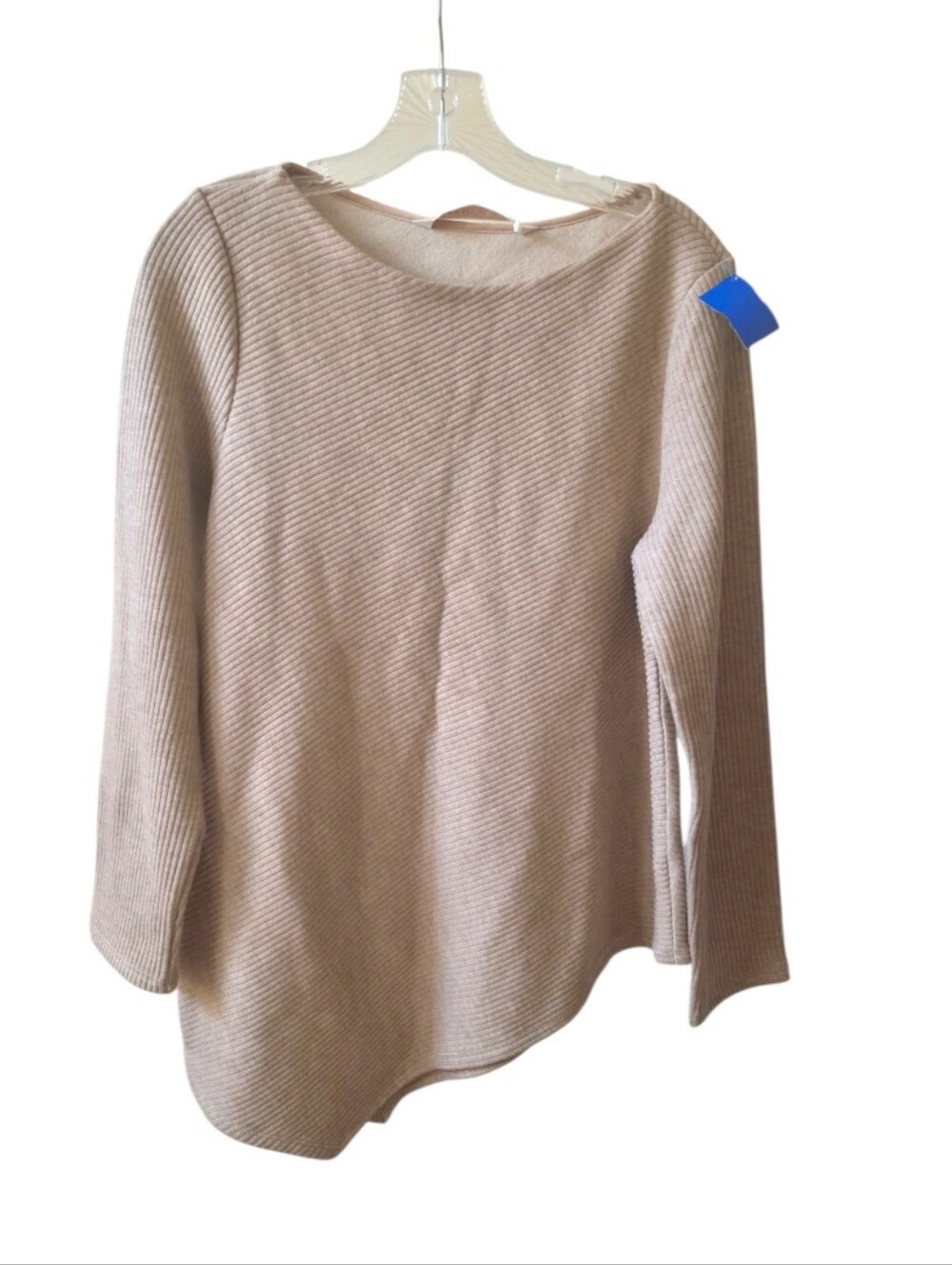 NWT GOELIA Rib Knit Sweater XL Beige Boat Neck Assymetric Hem Quiet Luxury